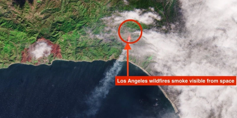 Massive Los Angeles wildfires visible from space; extensive damage reported.