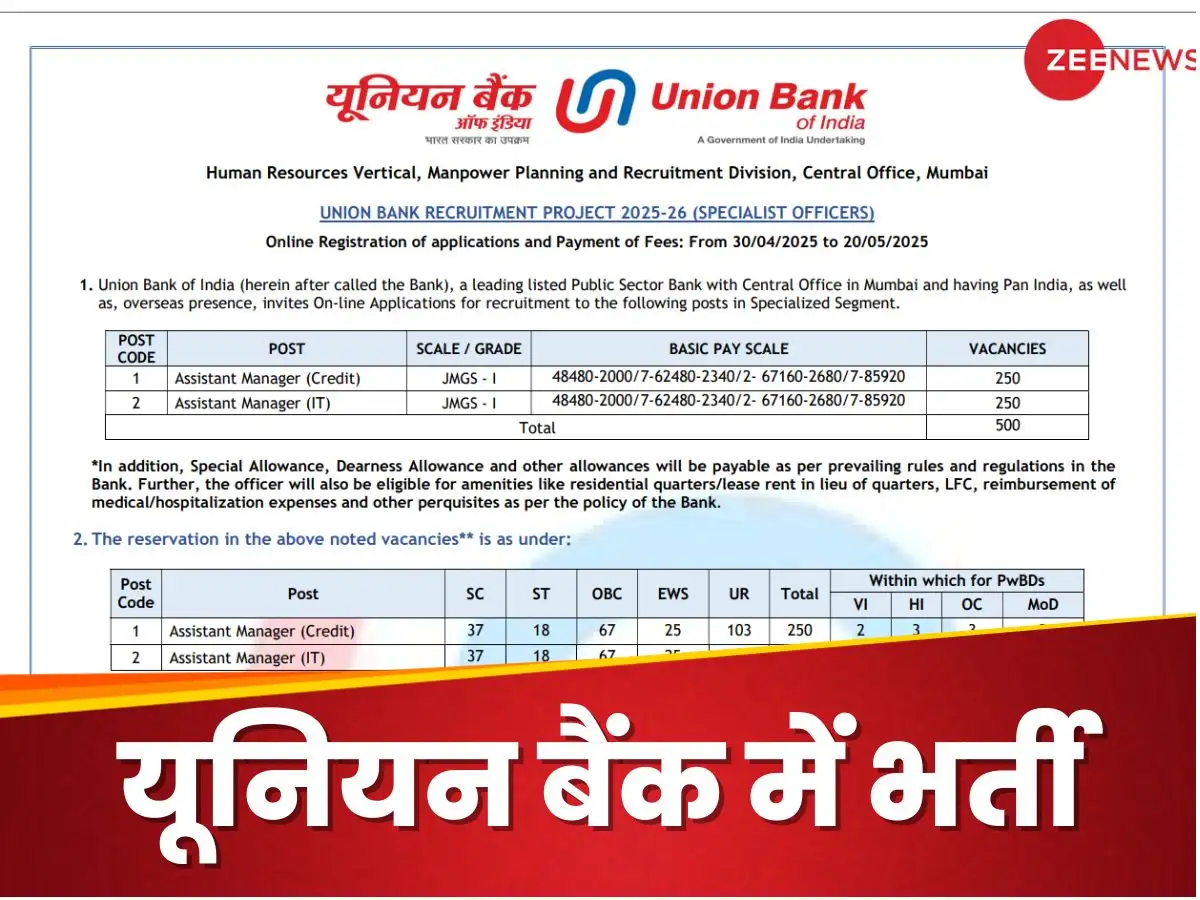 यूनियन बैंक में 500 पदों पर भर्ती, आवेदन की अंतिम तिथि 20 मई